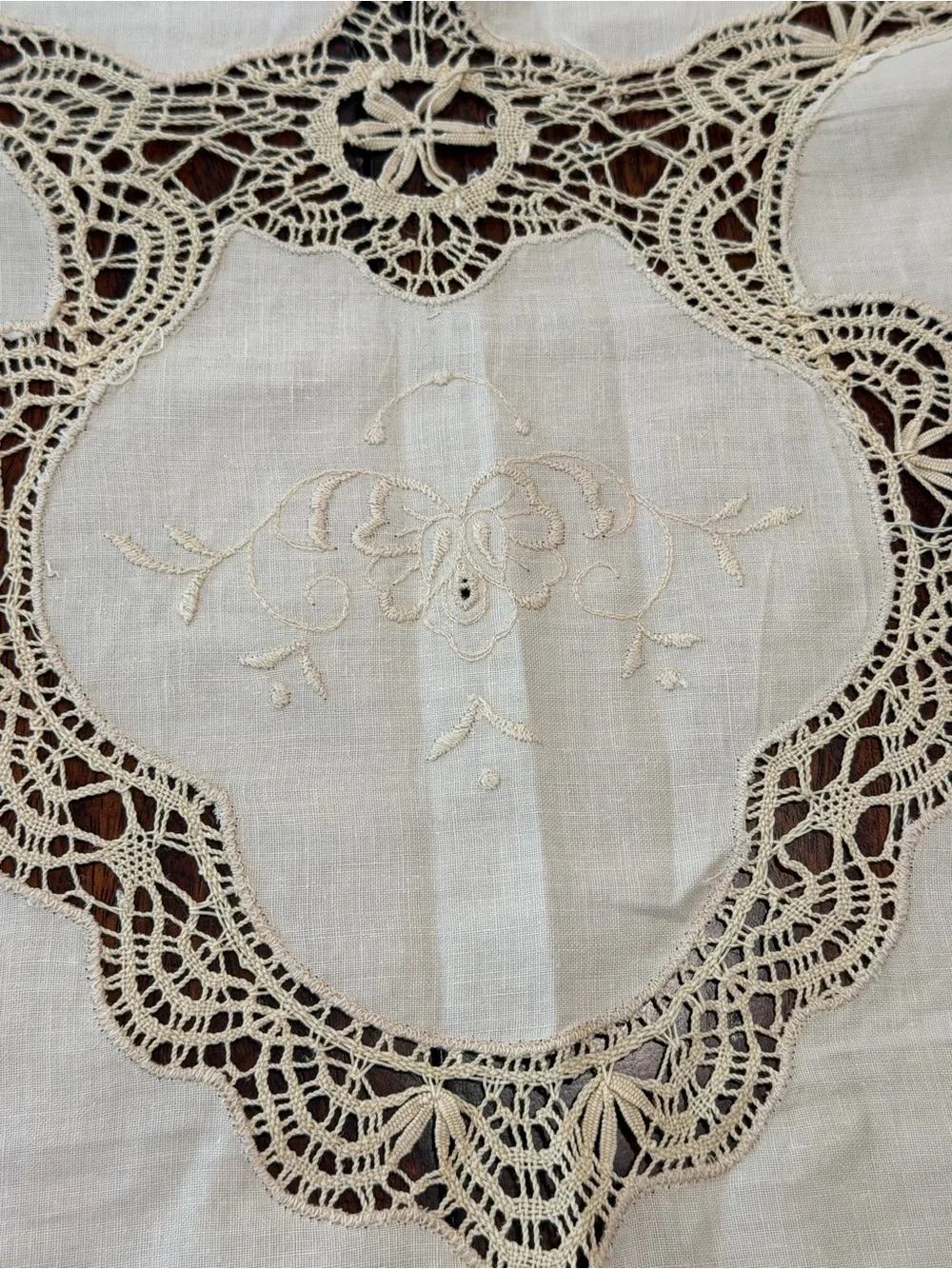 Vintage cotton linen cutwork battenburg lace formal tablecloth 84”x66” Victorian